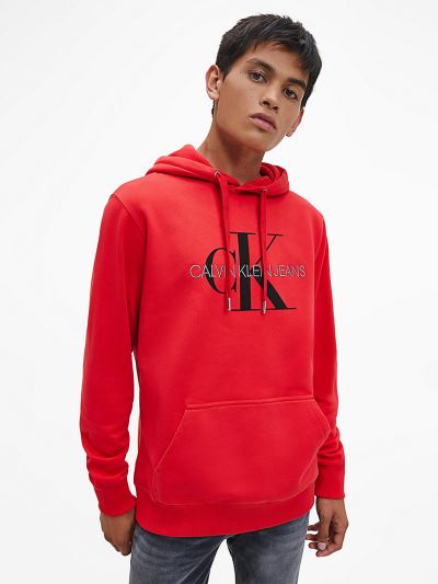 Calvin Klein Ruhák HU858677 | Calvin Klein Monogram Logo Férfi Kapucnis Pulóver Piros